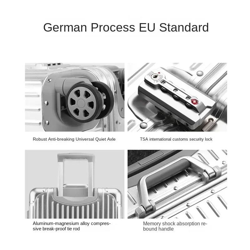 100% Aluminum Magnesium Alloy Suitcase TSA Lock Metal Boardable Luggage Trolley Case Classic Glossy and Frosted Travel Suitcase